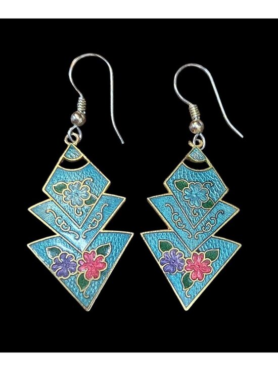 Unbranded Jewelry - Vtg Zig-Zag Pyramid Floral Cloisonné Dangling Earrings 1980's Teal & Gold Tone
